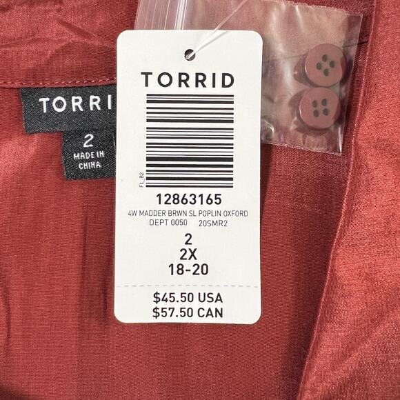 Torrid Womens Babydoll Poplin Button Up Hi-Low Hem Shirt Rust Size 2 Fall Career - Picture 5 of 5